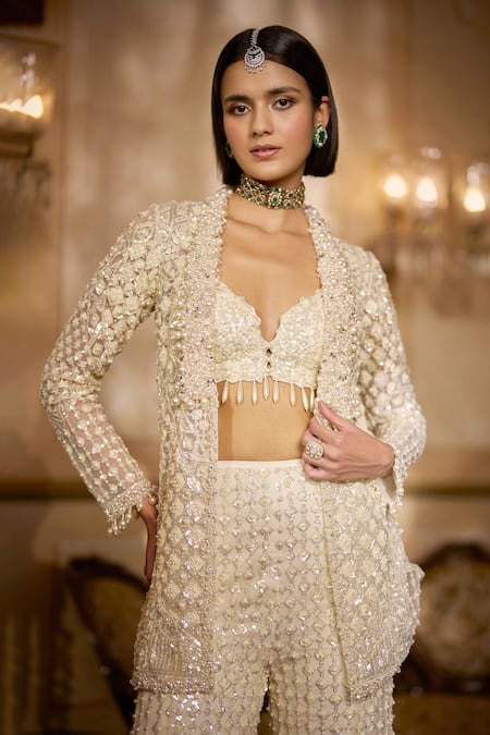 Shop_Seema Gujral_Cream Net Sequins, Pearls, Embroidery, Tassels Open Neck, Jacket Sharara Set _Online_at_Aza_Fashions