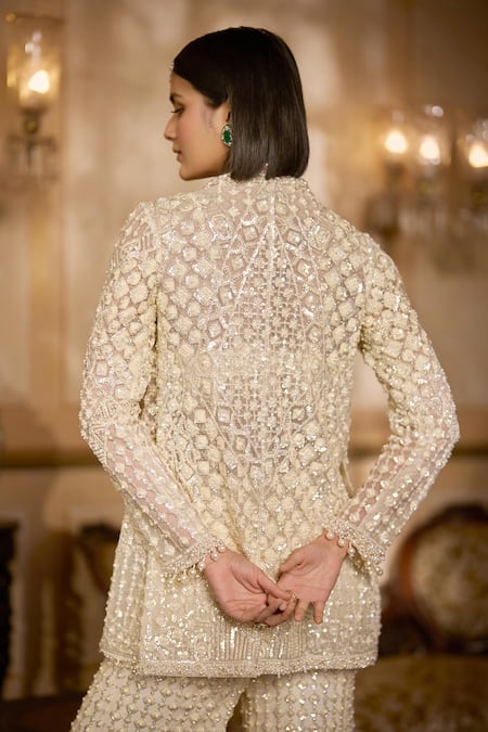 Seema Gujral Cream Embroidered Open Jacket Sharara Set 