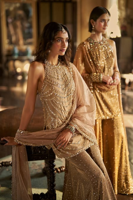 Buy_Seema Gujral_Brown Tissue, Silk Stones, Sequins, Caramel Embroidered Kurta Sharara Set _Online_at_Aza_Fashions