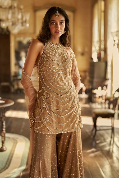 Shop_Seema Gujral_Brown Tissue, Silk Stones, Sequins, Caramel Embroidered Kurta Sharara Set _Online_at_Aza_Fashions