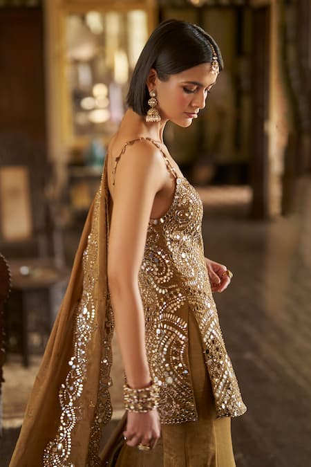 Buy_Seema Gujral_Gold Tissue, Georgette Mirrors, Embroidery Square Antique Kurta Sharara Set _Online_at_Aza_Fashions