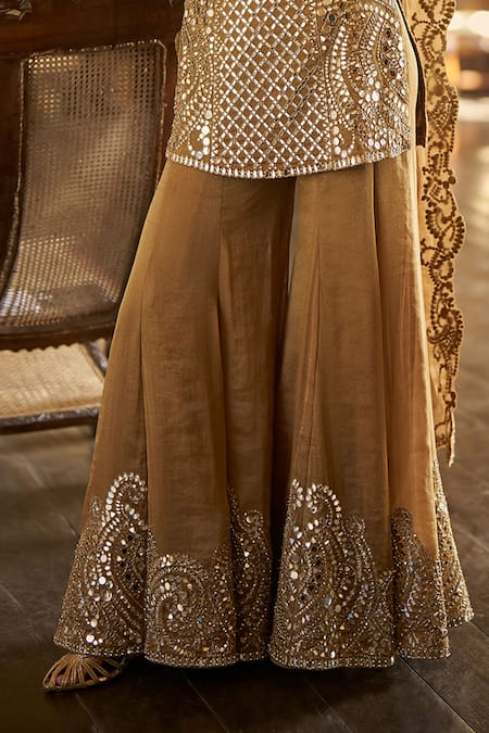 Shop_Seema Gujral_Gold Tissue, Georgette Mirrors, Embroidery Square Antique Kurta Sharara Set _Online_at_Aza_Fashions