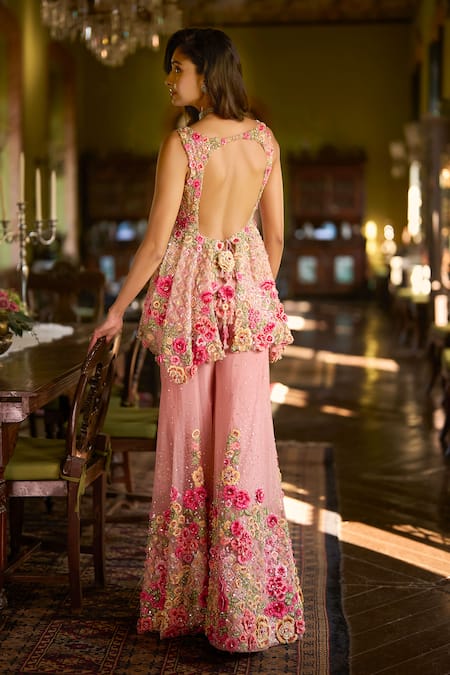 Seema Gujral Pink Three-Dimensional Embroidered Sharara Set 