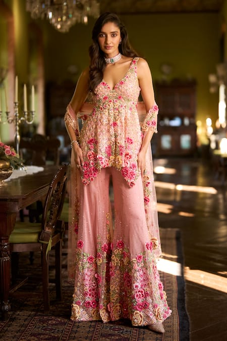 Seema Gujral Pink Three-Dimensional Embroidered Sharara Set 