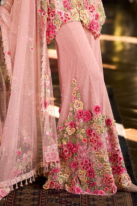 Shop_Seema Gujral_Pink Net Embroidery, Sequins, Tassels, Applique Three-dimensional Sharara Set _Online_at_Aza_Fashions