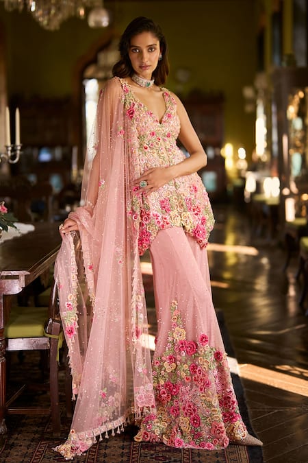 Seema Gujral_Pink Net Embroidery, Sequins, Tassels, Applique Three-dimensional Sharara Set _at_Aza_Fashions