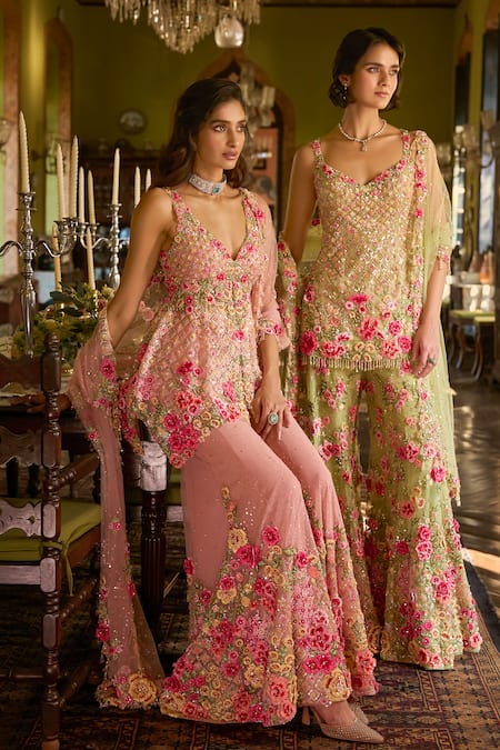 Buy_Seema Gujral_Pink Net Embroidery, Sequins, Tassels, Applique Three-dimensional Sharara Set 