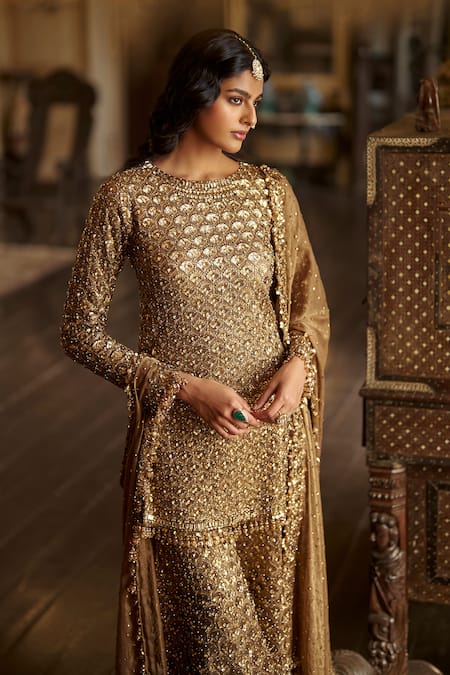 Buy Seema Gujral Gold Tissue, Georgette Sequins, Crystals, Beads, Tassels, Antique Sharara Set Online at Aza Fashions Buy_Seema Gujral_Gold Tissue, Georgette Sequins, Crystals, Beads, Tassels, Antique Sharara Set _Online_at_Aza_Fashions