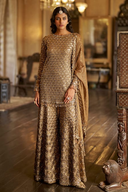 Seema Gujral Antique Gold Sequin Embroidered Sharara Set 
