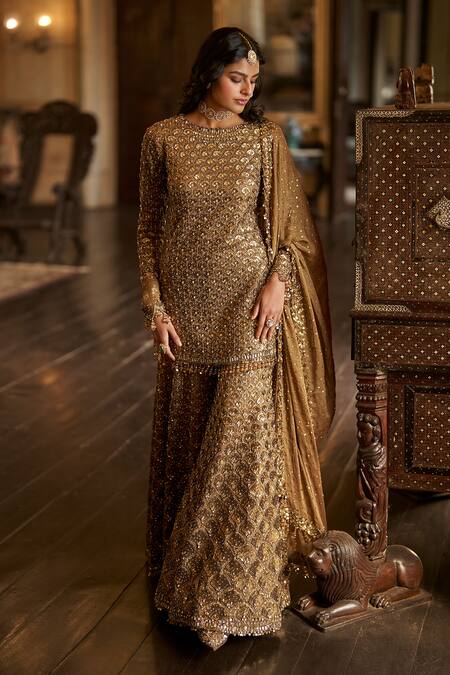 Seema Gujral Gold Tissue, Georgette Sequins, Crystals, Beads, Tassels, Antique Sharara Set at Aza Fashions Seema Gujral_Gold Tissue, Georgette Sequins, Crystals, Beads, Tassels, Antique Sharara Set _at_Aza_Fashions