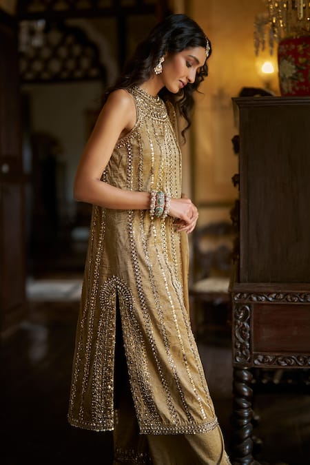 Buy_Seema Gujral_Gold Tissue, Silk Sequins, Beads, Stones, Embroidery Antique Kurta Pant Set _Online_at_Aza_Fashions
