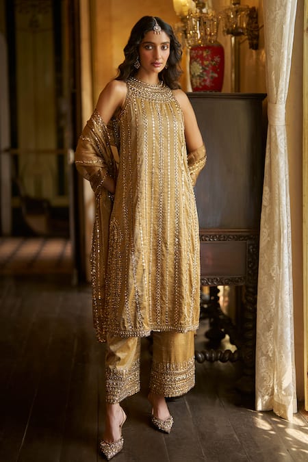 Seema Gujral Antique Gold Embroidered Kurta Pant Set 