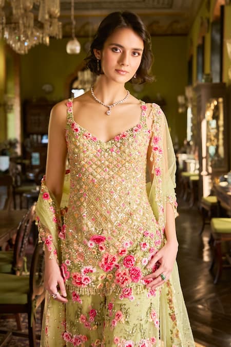 Buy_Seema Gujral_Green Net Sequins, Embroidery, Tassels Leaf Three-dimensional Sharara Set _Online_at_Aza_Fashions