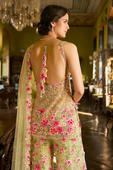 Seema Gujral Leaf Green Three-Dimensional Embroidered Sharara Set 