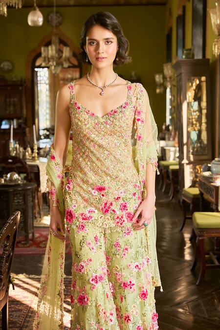 Shop_Seema Gujral_Green Net Sequins, Embroidery, Tassels Leaf Three-dimensional Sharara Set _Online_at_Aza_Fashions