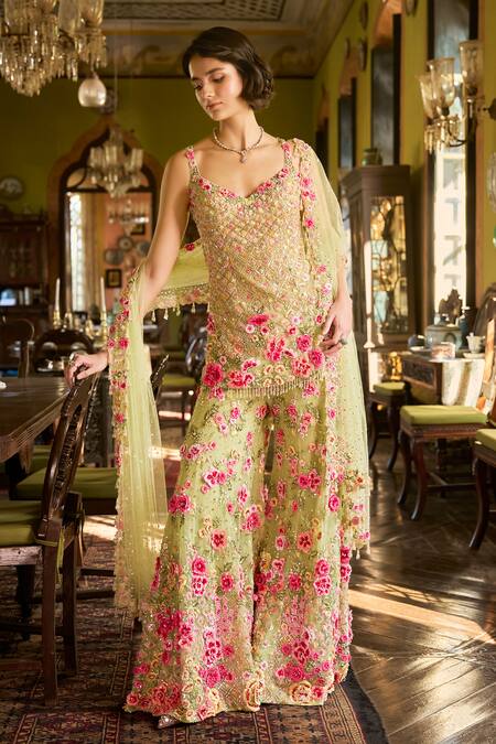 Seema Gujral_Green Net Sequins, Embroidery, Tassels Leaf Three-dimensional Sharara Set _at_Aza_Fashions