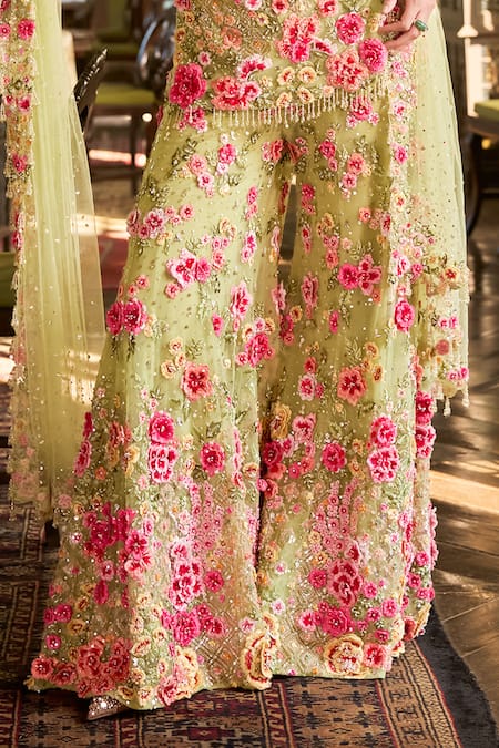 Shop_Seema Gujral_Green Net Sequins, Embroidery, Tassels Leaf Three-dimensional Sharara Set 