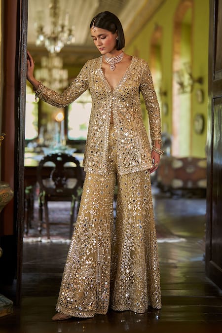 Seema Gujral Gold Mirror Work Jacket Sharara Set 