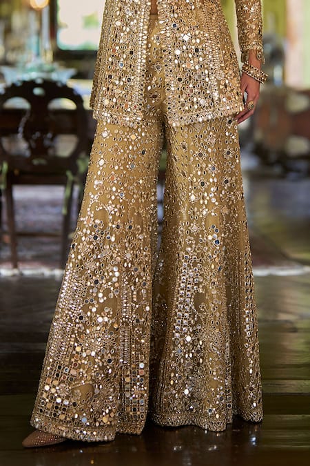 Shop_Seema Gujral_Gold Net Mirrors, Embroidery, Tassels Plunge Neck Work Jacket Sharara Set _Online_at_Aza_Fashions