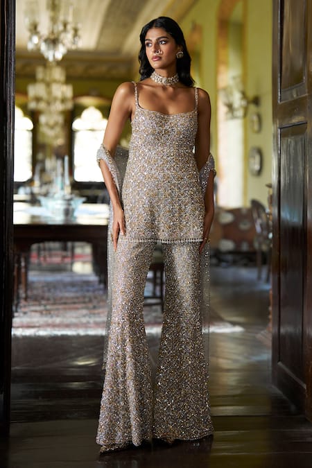 Seema Gujral Silver Gold Crystal Embroidered Kurta Pant Set 