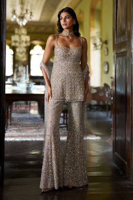 Buy_Seema Gujral_Silver Net Beads, Sequins, Crystals, Tassels, Embroidery Gold Kurta Pant Set _Online_at_Aza_Fashions