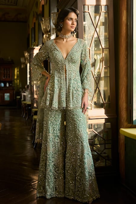 Seema Gujral Sage Green Embroidered Sharara Set 