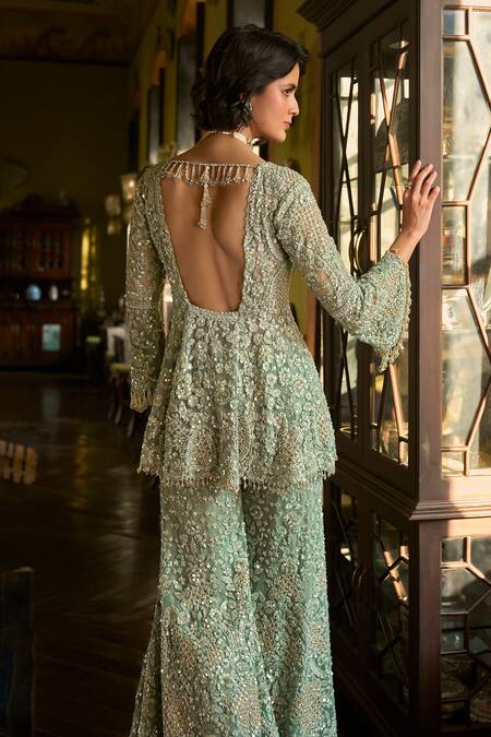 Buy_Seema Gujral_Green Net Embroidery, Pearls, Sequins, Crystals, Tassels Sage Sharara Set _Online_at_Aza_Fashions