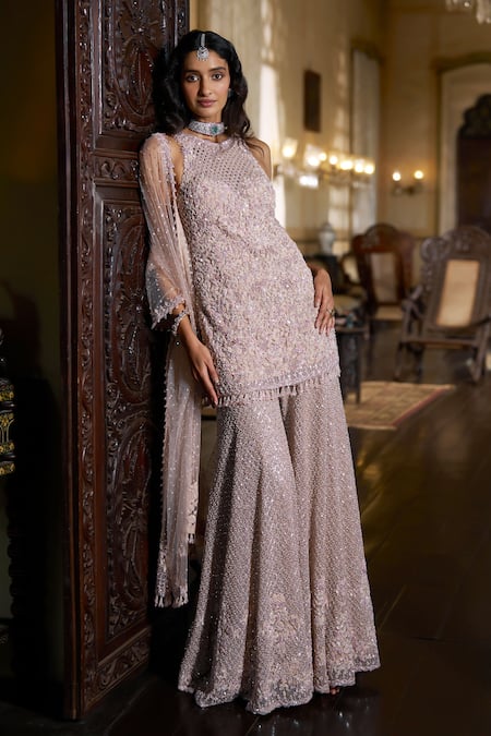Shop_Seema Gujral_Purple Net Sequins, Beads, Crystals, Tassels, Embroidery Mauve Sharara Set _Online_at_Aza_Fashions