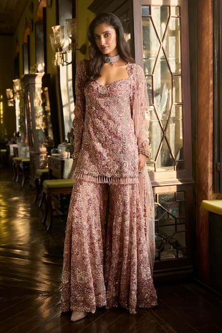 Seema Gujral Dusty Rose Embroidered Sharara Set 