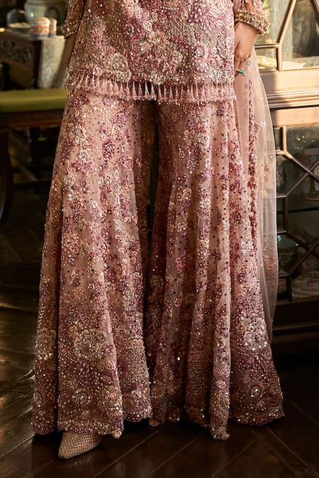 Buy Seema Gujral Pink Net Embroidery, Pearls, Sequins, Crystals, Tassels Dusty Rose Sharara Set Online at Aza Fashions Buy_Seema Gujral_Pink Net Embroidery, Pearls, Sequins, Crystals, Tassels Dusty Rose Sharara Set _Online_at_Aza_Fashions