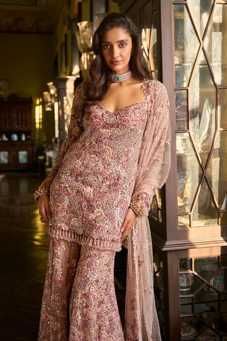 Shop Seema Gujral Pink Net Embroidery, Pearls, Sequins, Crystals, Tassels Dusty Rose Sharara Set Online at Aza Fashions Shop_Seema Gujral_Pink Net Embroidery, Pearls, Sequins, Crystals, Tassels Dusty Rose Sharara Set _Online_at_Aza_Fashions