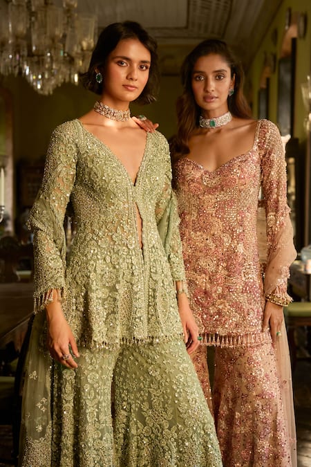 Seema Gujral Pink Net Embroidery, Pearls, Sequins, Crystals, Tassels Dusty Rose Sharara Set at Aza Fashions Seema Gujral_Pink Net Embroidery, Pearls, Sequins, Crystals, Tassels Dusty Rose Sharara Set _at_Aza_Fashions
