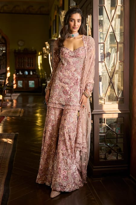 Buy Seema Gujral Pink Net Embroidery, Pearls, Sequins, Crystals, Tassels Dusty Rose Sharara Set Buy_Seema Gujral_Pink Net Embroidery, Pearls, Sequins, Crystals, Tassels Dusty Rose Sharara Set
