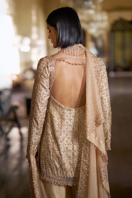 Seema Gujral Gold Crystal Embroidered Kurta Sharara Set 