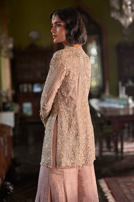 Seema Gujral Peach Gold Embroidered Kurta Sharara Set 