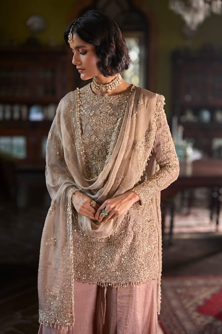 Buy_Seema Gujral_Gold Tissue, Silk Embroidery, Pearls, Sequins, Beads, Peach Kurta Sharara Set _Online_at_Aza_Fashions