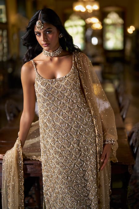 Buy_Seema Gujral_Green Tissue, Silk Beads, Sequins, Crystals, Embroidery Sage Kurta Pant Set _Online_at_Aza_Fashions