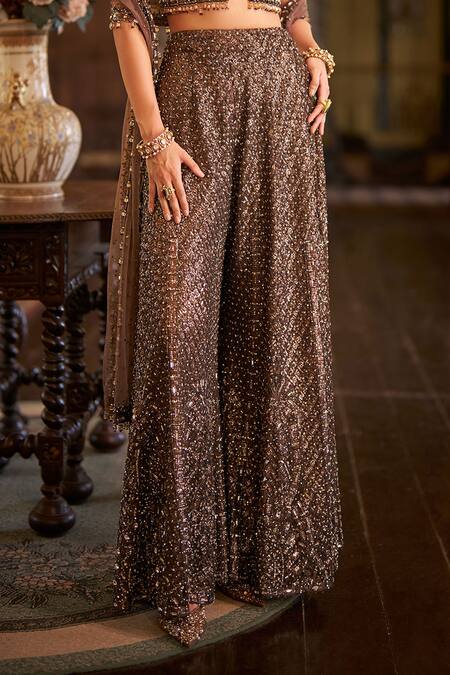 Shop_Seema Gujral_Brown Net Sequins, Beads, Crystals, Embroidery, Tassels V-neck Sharara Set _Online_at_Aza_Fashions