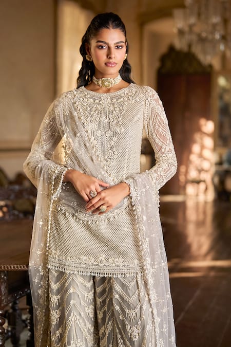 Seema Gujral Grey Thread Work Kurta Sharara Set 