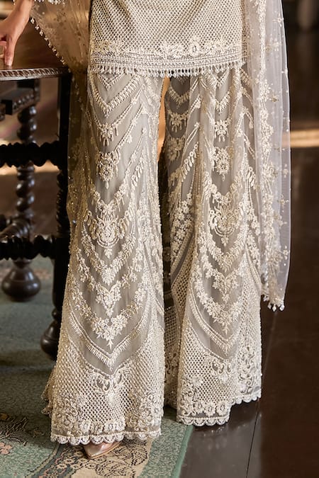 Buy_Seema Gujral_Grey Net Embroidery, Pearls, Beads, Sequins, Thread Work Kurta Sharara Set _Online_at_Aza_Fashions