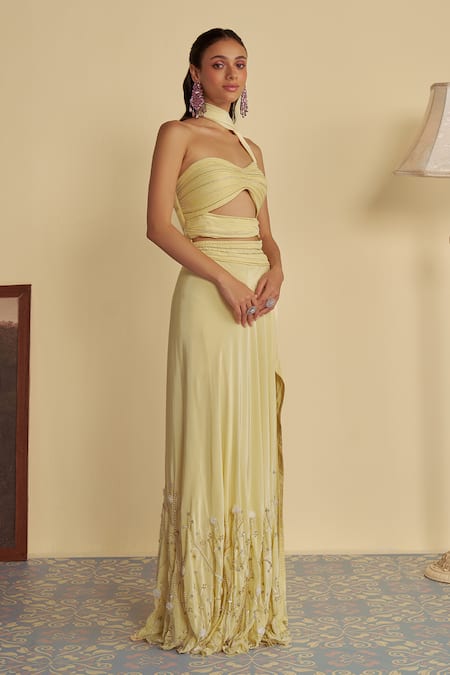 Buy_Jade By Ashima_Yellow Crepe, Organza Embroidery, Pearls One Shoulder Sunlit Slit Draped Gown _Online_at_Aza_Fashions