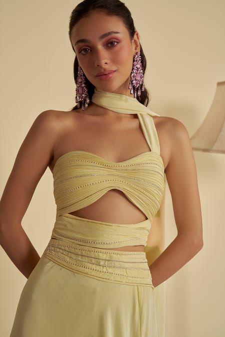 Shop_Jade By Ashima_Yellow Crepe, Organza Embroidery, Pearls One Shoulder Sunlit Slit Draped Gown _Online_at_Aza_Fashions