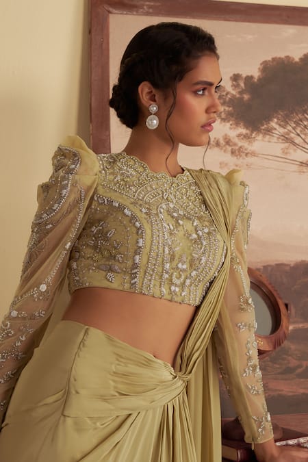 Buy_Jade By Ashima_Green Crepe, Net Pearls, Embroidery Willow Whisper Pre-draped Saree With Blouse _Online_at_Aza_Fashions