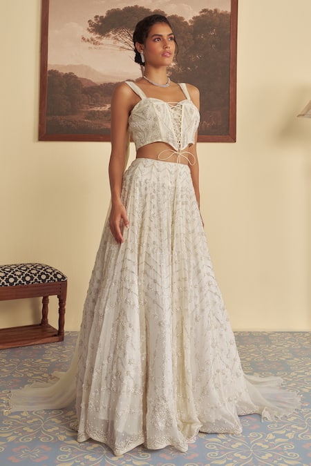 Buy_Jade By Ashima_White Organza, Net Embroidery, Pearls Sweetheart Neck Lily Embrace Lehenga Set _Online_at_Aza_Fashions