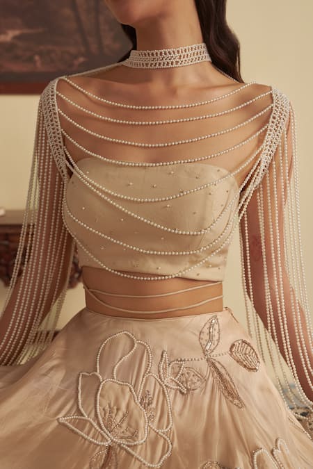 Jade By Ashima_Beige Organza Pearls, Sequins, Victoria Goldine Lehenga Set With Jacket _Online_at_Aza_Fashions