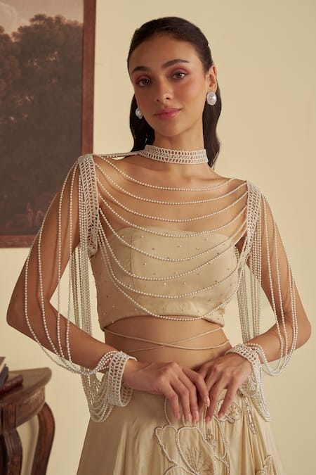 Buy_Jade By Ashima_Beige Organza Pearls, Sequins, Victoria Goldine Lehenga Set With Jacket _Online_at_Aza_Fashions