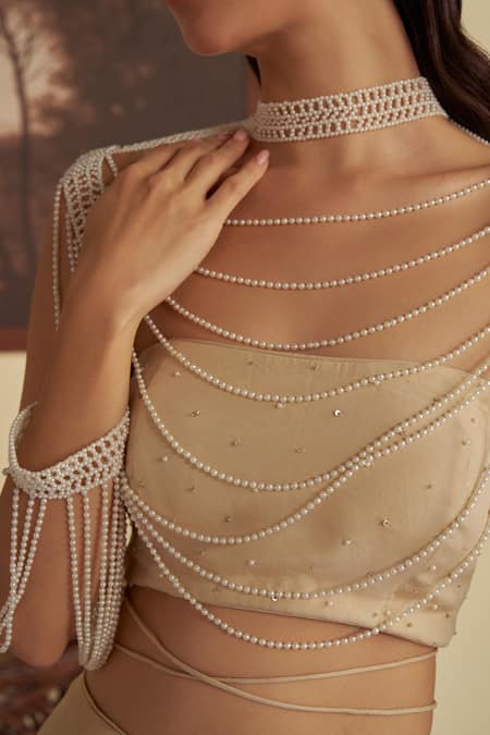 Shop_Jade By Ashima_Beige Organza Pearls, Sequins, Victoria Goldine Lehenga Set With Jacket _Online_at_Aza_Fashions