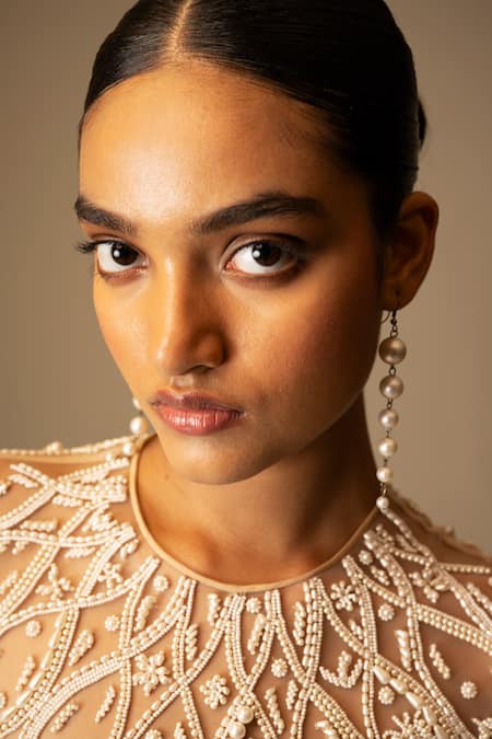 Vivek Patel_Beige Silk Organza Beads, Diamonds, Embellished Blouse With Lehenga Saree _Online_at_Aza_Fashions