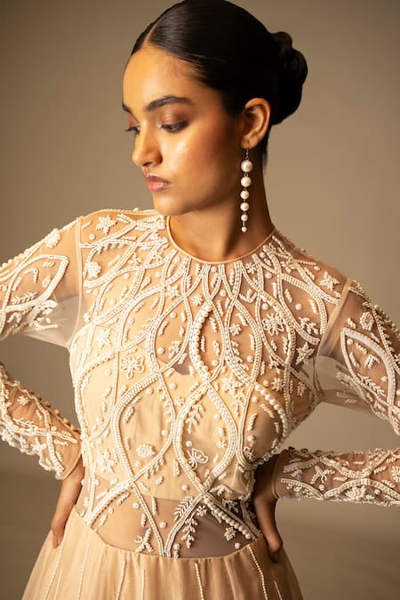 Buy_Vivek Patel_Beige Silk Organza Beads, Diamonds, Embellished Blouse With Lehenga Saree _Online_at_Aza_Fashions