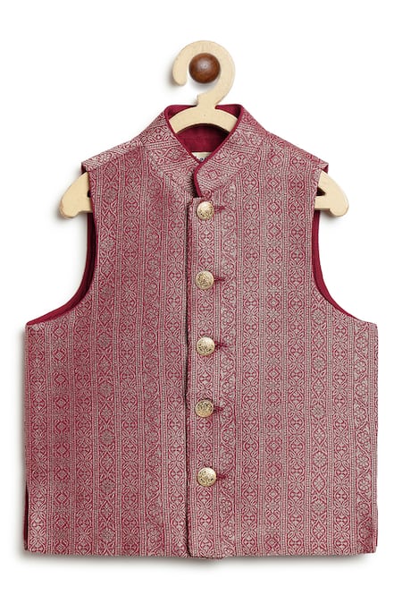 Shop Tiber Taber Maroon Brocade, Viscose Studs Floral Woven Bundi Online at Aza Fashions Shop_Tiber Taber_Maroon Brocade, Viscose Studs Floral Woven Bundi _Online_at_Aza_Fashions